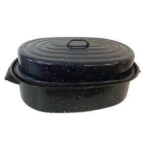 Granite Ware Oven Roaster Pan w/Lid 18" Oval Black Enamel on Steel 1960-69s
